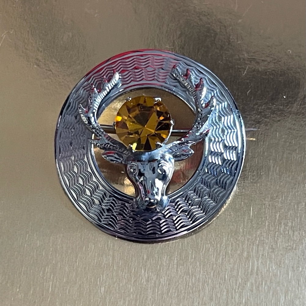 Mizpah Elk Silver Toned Faux Amber Brooch